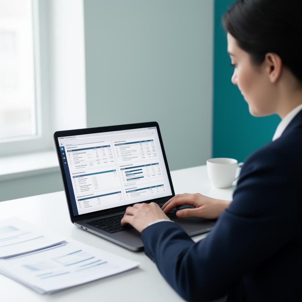 Accounting professional reviewing financial reports on a laptop